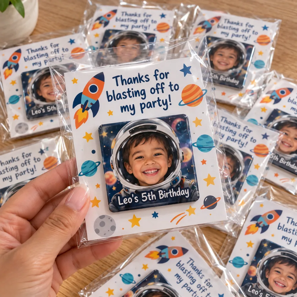 Space-themed birthday favour magnets in treat bags that say "Thanks for blasting off to my party!"