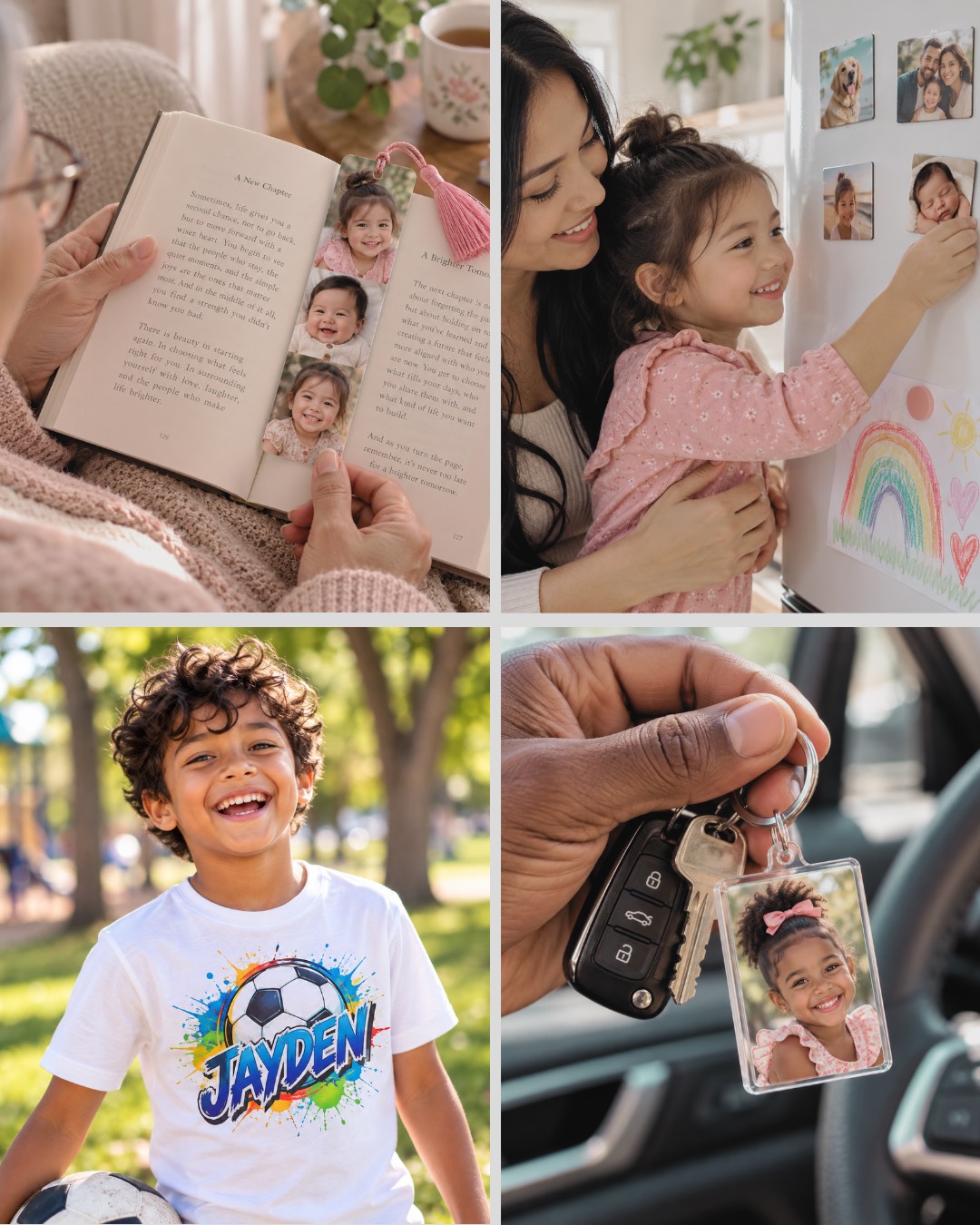 A grandmother reading with a photo bookmark, a mother and daughter placing a photo magnet on the fridge, a boy in a custom soccer T-shirt with his name, and a dad holding car keys with a photo keychain.