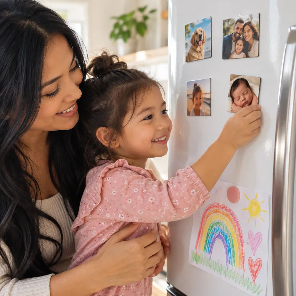 Three square photo magnets on a white fridge: a laughing boy, a girl blowing bubbles, and a dad hugging his little girl, next to a child's crayon drawing of a house and sun.