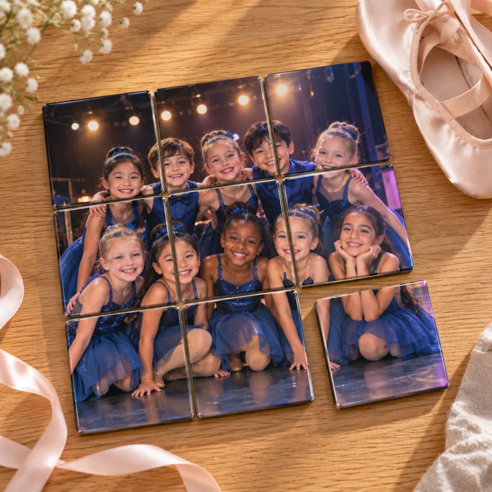 A 9-piece puzzle magnet of a smiling dance class in navy costumes, next to ballet shoes